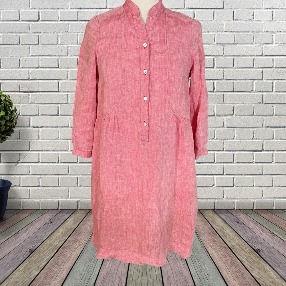 Nuthatch 100% Linen Pink Dress Sz M Midi 3/4 Sleeves Side Pockets Coastal Preppy